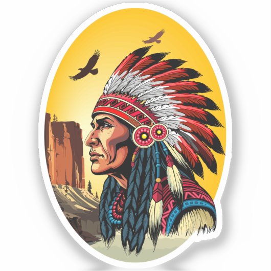 Native American Chief op wilde landschap zonsonder Sticker (Voorkant)