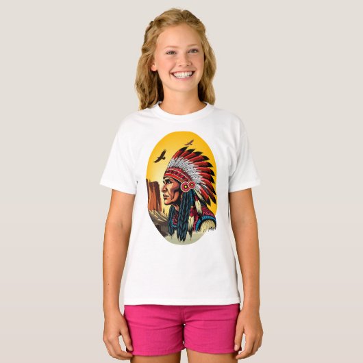 Native American Chief op wilde landschap zonsonder T-shirt (Voorkant volledig)