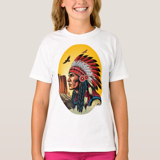 Native American Chief op wilde landschap zonsonder T-shirt (Voorkant)