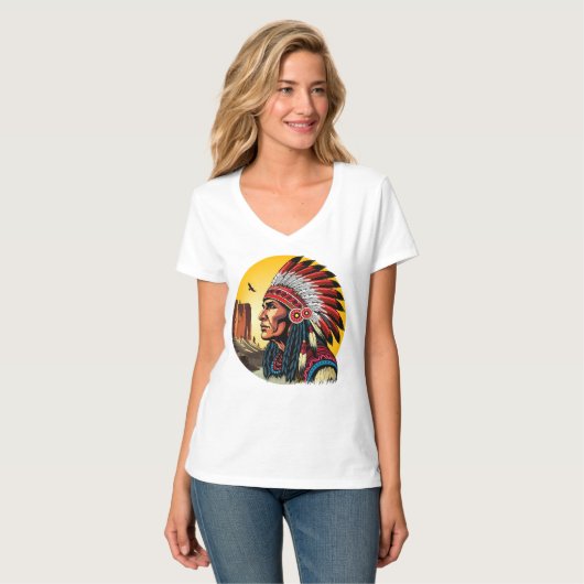 Native American Chief op wilde landschap zonsonder T-shirt (Voorkant volledig)