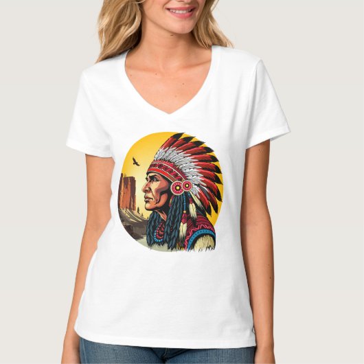 Native American Chief op wilde landschap zonsonder T-shirt (Voorkant)