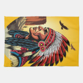 Native American Chief op wilde landschap zonsonder Theedoek (Horizontaal)