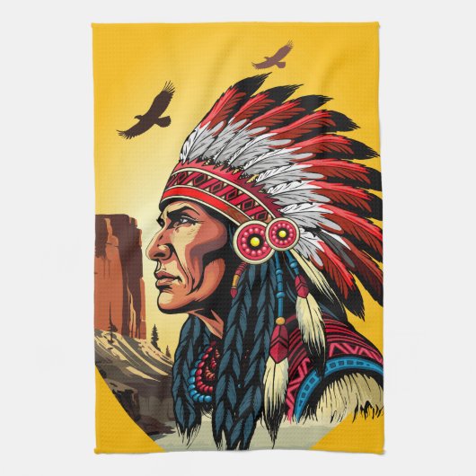 Native American Chief op wilde landschap zonsonder Theedoek (Verticaal)