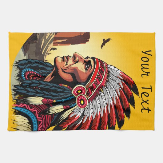 Native American Chief op wilde landschap zonsonder Theedoek (Horizontaal)