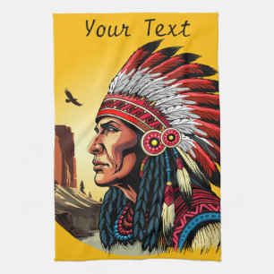 Native American Chief op wilde landschap zonsonder Theedoek