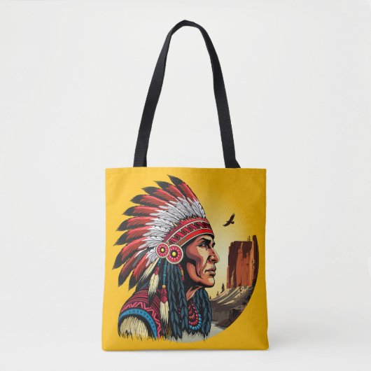 Native American Chief op wilde landschap zonsonder Tote Bag (Voorkant)