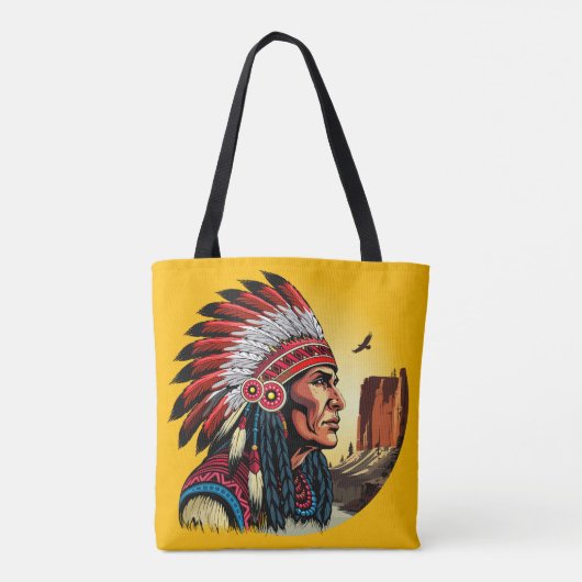 Native American Chief op wilde landschap zonsonder Tote Bag (Achterkant)