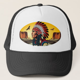 Native American Chief op wilde landschap zonsonder Trucker Pet