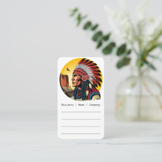 Native American Chief op wilde landschap zonsonder Visitekaartje (Staand voorkant)