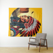 Native American Chief op wilde landschap zonsonder Wandkleed (In Situ (horizontaal))