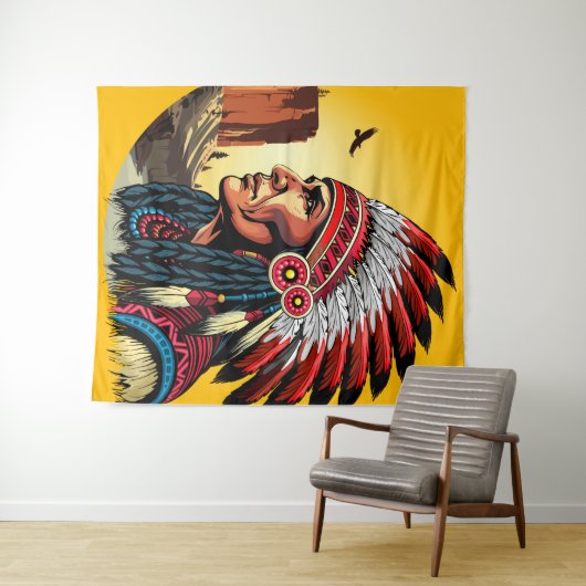 Native American Chief op wilde landschap zonsonder Wandkleed (In Situ (horizontaal))