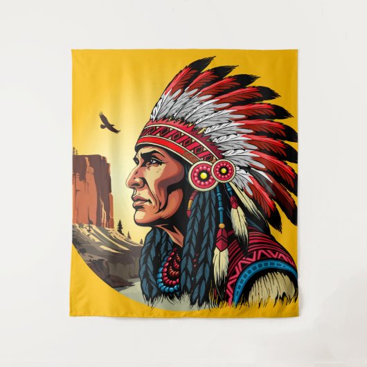 Native American Chief op wilde landschap zonsonder Wandkleed (Voorkant)