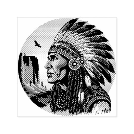 Native American Chief op wilde landschap zonsonder Zelfinktende Stempel (Design)