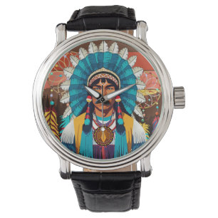 Native American Chief Powerful Portret Horloge
