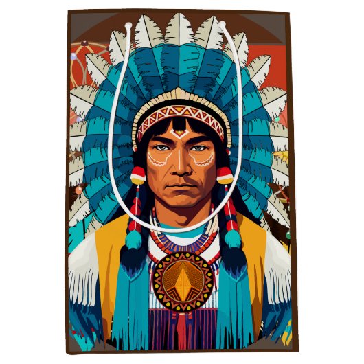 Native American Chief Powerful Portret Medium Cadeauzakje (Voorkant)