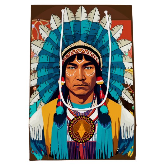 Native American Chief Powerful Portret Medium Cadeauzakje (Achterkant)