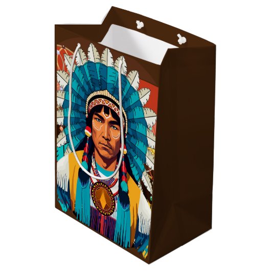 Native American Chief Powerful Portret Medium Cadeauzakje (Achterkant Gekanteld)