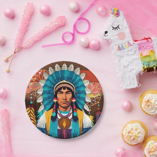 Native American Chief Powerful Portret Papieren Bordje (Feest)