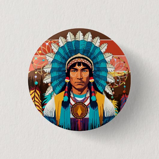 Native American Chief Powerful Portret Ronde Button 3,2 Cm (Voorkant)