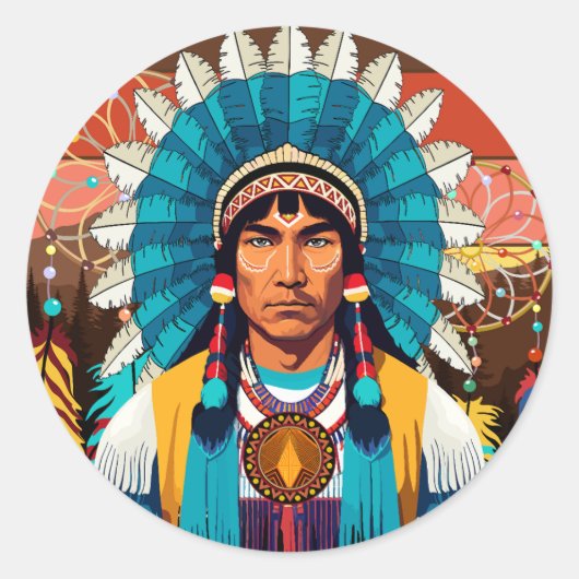 Native American Chief Powerful Portret Ronde Sticker (Voorkant)