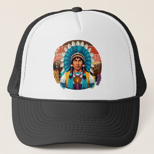 Native American Chief Powerful Portret Trucker Pet (Voorkant)