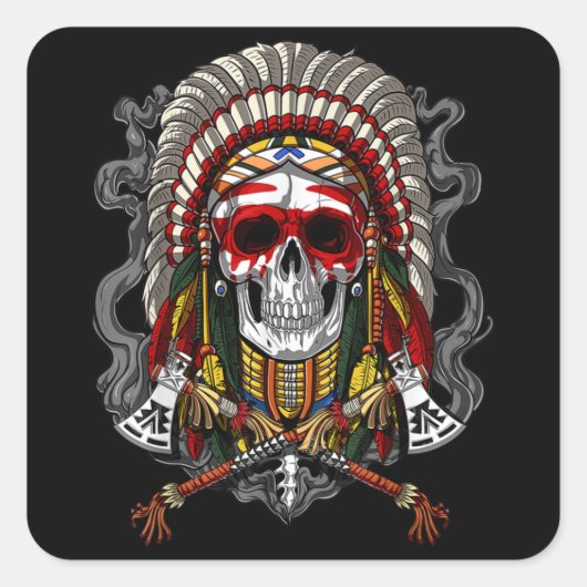 Native American Chief Skull Indian Headdress Vierkante Sticker (Voorkant)