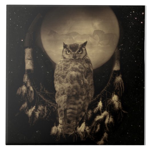 Native American Dream Catcher with Owl and Horses Tegeltje (Voorkant)