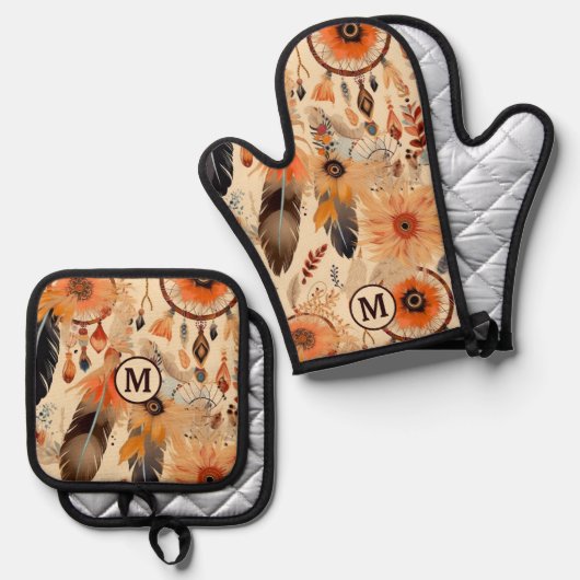 Native American Dreamcatcher Patroon Monogram Ovenwant & Pannenlap Set (Voorkant / Achterkant)