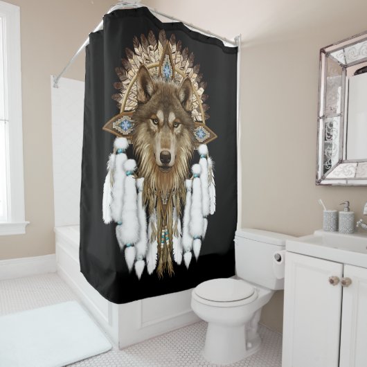 Native American Dreamweaver Wolf Douchegordijn (In situ)