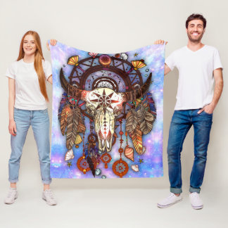 Native American Drocatcher Tribal Buffalo Skull Fleece Deken