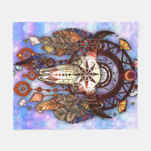 Native American Drocatcher Tribal Buffalo Skull Fleece Deken (Voorkant (Horizontaal))