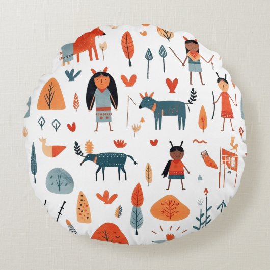 Native American Etnic Art Tribe kinderen boho Rond Kussen (Voorkant)