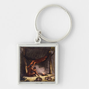 Native American Family under a Leaf Shelter (Colou Sleutelhanger
