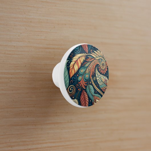 Native American Feather Swirl Terra Cotta Blauwgro Keramische Knop