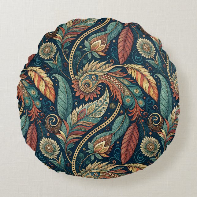 Native American Feather Swirl Terra Cotta Blauwgro Rond Kussen (Voorkant)