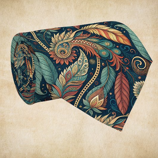 Native American Feather Swirl Terra Cotta Blauwgro Stropdas