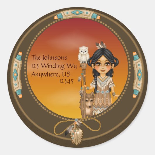 Native American Girl Ronde Sticker (Voorkant)