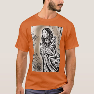Native American Girl Woman in Black Ink and Graphi T-shirt