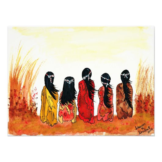 Native American Girls Waterverf Painting Print Foto Afdruk (Voorkant)