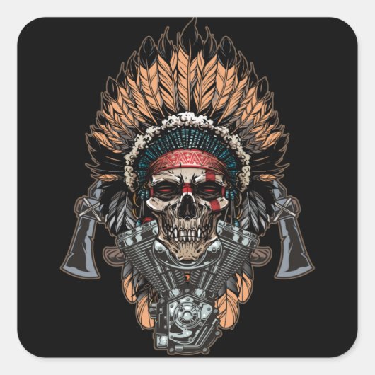 Native American Indian Chief Skull Motorcycle Vierkante Sticker (Voorkant)