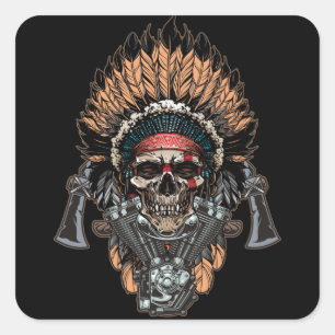 Native American Indian Chief Skull Motorcycle Vierkante Sticker