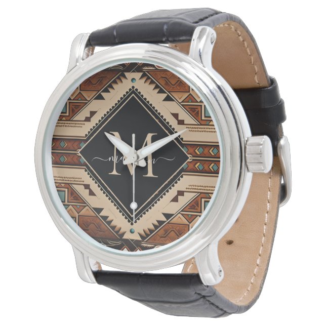 Native American Indian Culture Boho Style Monogram Horloge (Gekanteld)