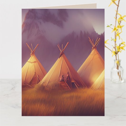 NATIVE AMERICAN INDIAN TEEPEES ART WENSKAART KAART (Gele Bloem)
