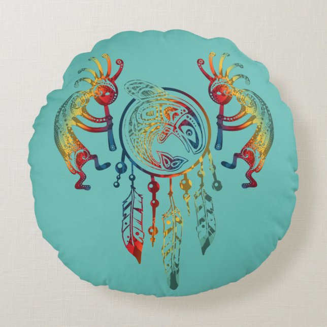 Native American Kokopelli Whale Drocatcher 1 Rond Kussen (Voorkant)
