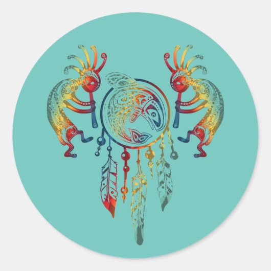 Native American Kokopelli Whale Drocatcher 1 Ronde Sticker (Voorkant)