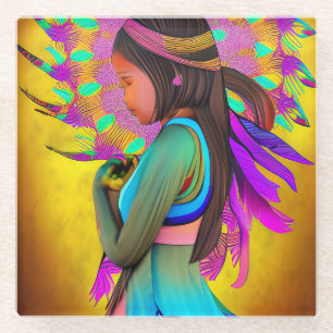 Native American Little Girl AI Kunst Glazen Onderzetter