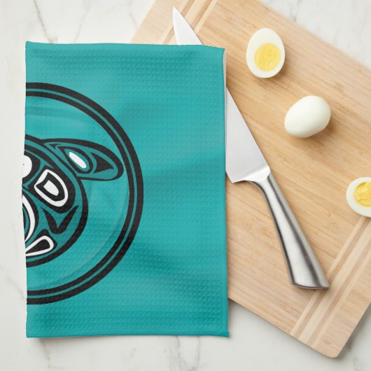 Native American Orca Whale, turkooise Theedoek (Quarter Fold)