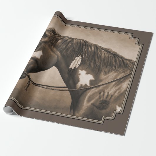 Native American Pinto War Horse in Sepia Cadeaupapier (Uitgerold)
