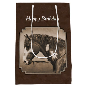 Native American Pinto War Horse in Sepia Medium Cadeauzakje