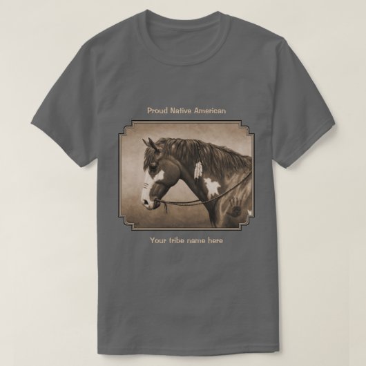 Native American Pinto War Horse in Sepia T-shirt (Design voorkant)